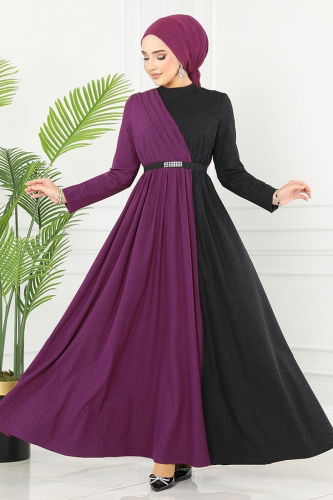 moda selvim Dress ASM2685 Damson & Black - Thumbnail