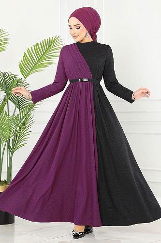 moda selvim Dress ASM2685 Damson & Black - Thumbnail