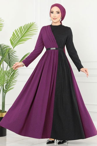 moda selvim Dress ASM2685 Damson & Black - Thumbnail