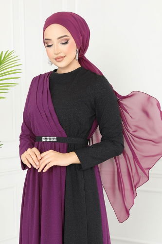 moda selvim Dress ASM2685 Damson & Black - Thumbnail