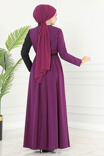 moda selvim Dress ASM2685 Damson & Black - Thumbnail
