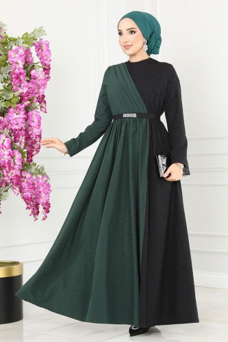 moda selvim Dress ASM2685 Emerald & Black - Thumbnail