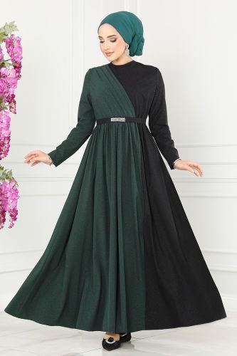 moda selvim Dress ASM2685 Emerald & Black - Thumbnail