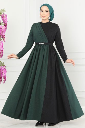 moda selvim Dress ASM2685 Emerald & Black - Thumbnail