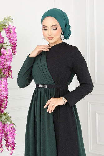 moda selvim Dress ASM2685 Emerald & Black - Thumbnail