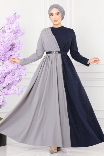 moda selvim Dress ASM2685 Gray&Navy Blue - Thumbnail