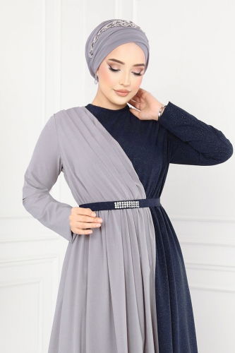 moda selvim Dress ASM2685 Gray&Navy Blue - Thumbnail