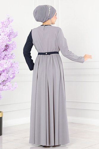 moda selvim الفستان رمادي وكحلي ASM2685 - Thumbnail