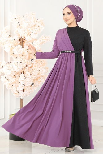 moda selvim Dress ASM2685 Lilac & Black - Thumbnail