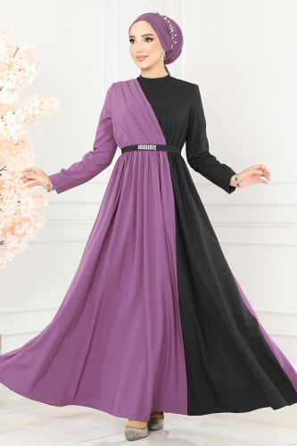 moda selvim Dress ASM2685 Lilac & Black - Thumbnail