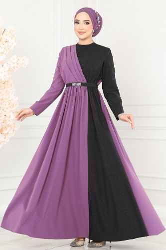 moda selvim Dress ASM2685 Lilac & Black - Thumbnail