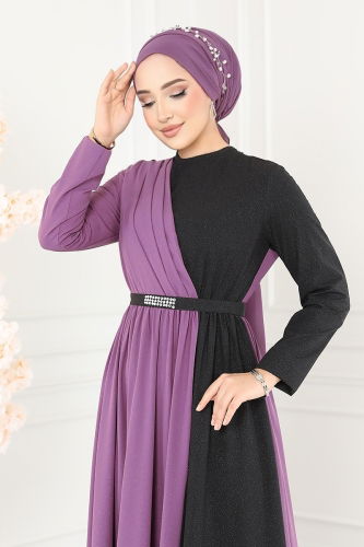 moda selvim Dress ASM2685 Lilac & Black - Thumbnail