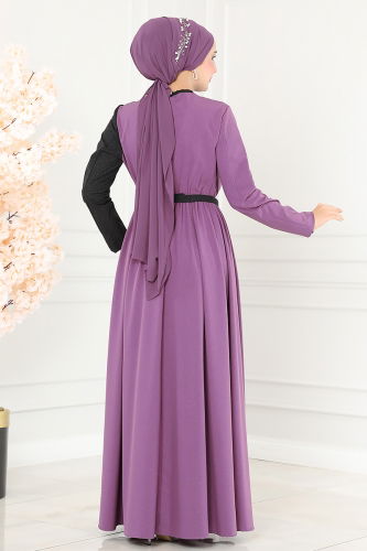 moda selvim Dress ASM2685 Lilac & Black - Thumbnail