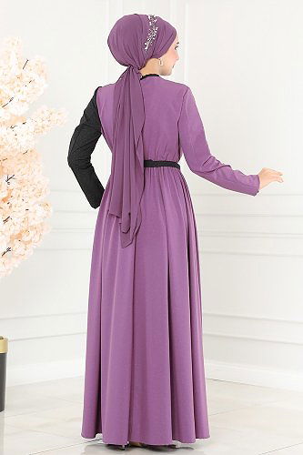 moda selvim Dress ASM2685 Lilac & Black - Thumbnail