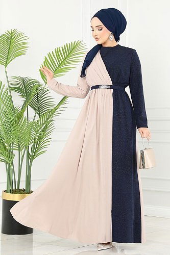 moda selvim Dress ASM2685 Vision&Navy Blue - Thumbnail