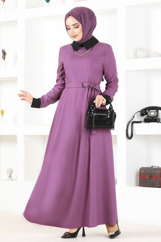 moda selvim Dress ASM2687 Lilac&Black - Thumbnail