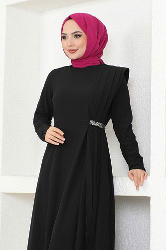 moda selvim ASM2693 اسود فستان - Thumbnail