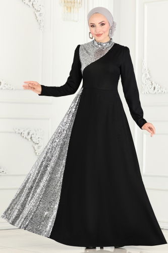 moda selvim Dress ASM2719 Black&Silver - Thumbnail