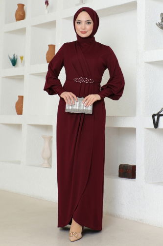 moda selvim Dress ASM2723 Burgundy - Thumbnail