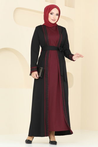 moda selvim Dress ASM2764 Black & Burgundy - Thumbnail