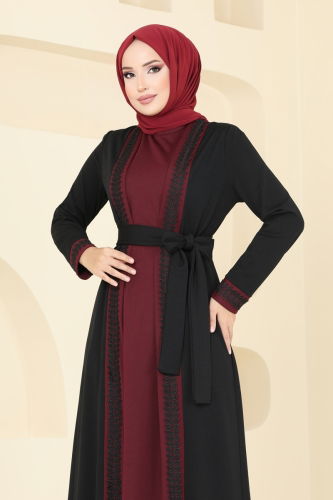 moda selvim Dress ASM2764 Black & Burgundy - Thumbnail