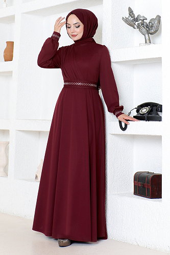 moda selvim Dress DVL272-M Burgundy - Thumbnail