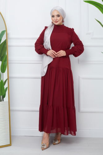 moda selvim Dress EFS444 Burgundy - Thumbnail