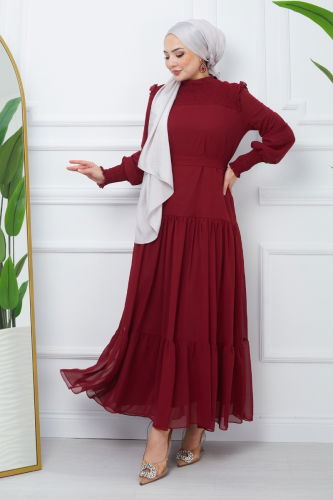 moda selvim Dress EFS444 Burgundy - Thumbnail