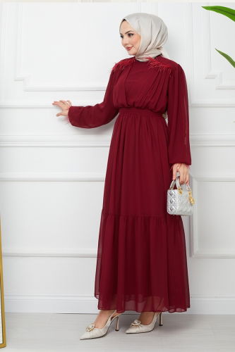 moda selvim Dress EFS523 Burgundy - Thumbnail