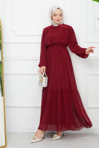 moda selvim Dress EFS523 Burgundy - Thumbnail