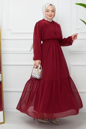 moda selvim Dress EFS523 Burgundy - Thumbnail