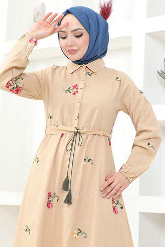 moda selvim الفستان بيج FSH18039-M - Thumbnail