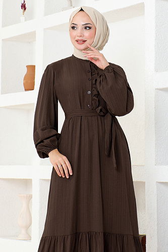 moda selvim الفستان بني HBS2459-M - Thumbnail