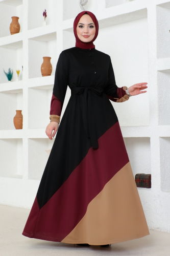 moda selvim Dress MSL224 Burgundy - Thumbnail