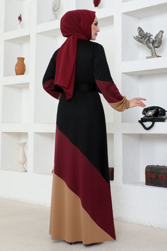 moda selvim Dress MSL224 Burgundy - Thumbnail