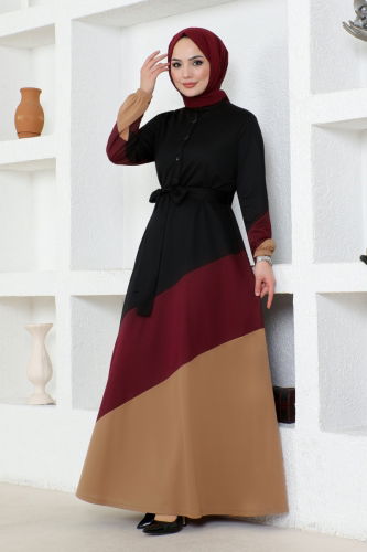 moda selvim Dress MSL224 Burgundy - Thumbnail