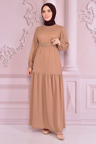 moda selvim الفستان بيج NEV14871-M - Thumbnail