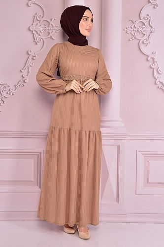 moda selvim الفستان بيج NEV14871-M - Thumbnail