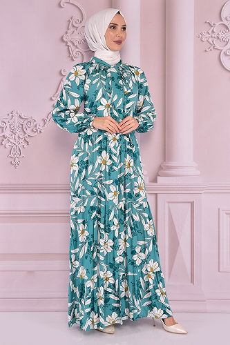 moda selvim الفستان أخضر باهت NEV14937-M - Thumbnail