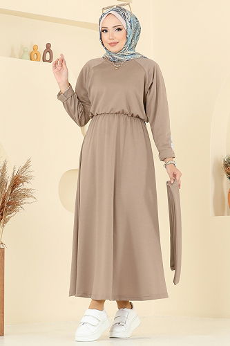 moda selvim الفستان بيج غامق PL2828 - Thumbnail