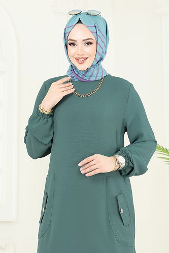 moda selvim الفستان أخضر باهت غامق PL4346 - Thumbnail