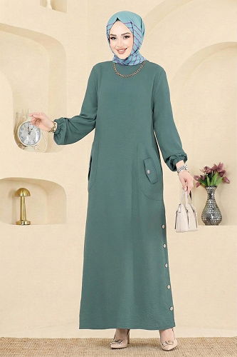 moda selvim الفستان أخضر باهت غامق PL4346 - Thumbnail