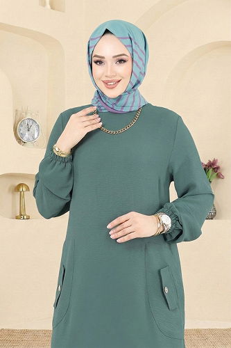 moda selvim الفستان أخضر باهت غامق PL4346 - Thumbnail