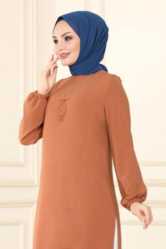 moda selvim PL8039 لون الايكرو مع سمون الغامق فستان - Thumbnail