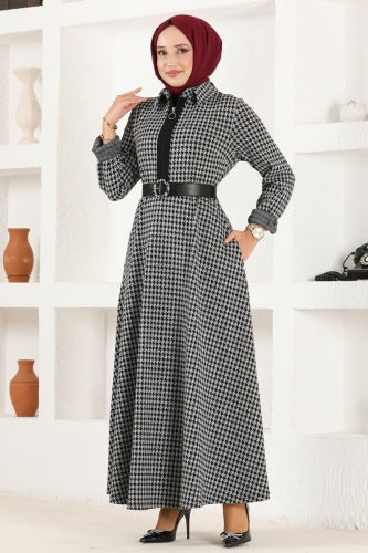 moda selvim Dress PL9037 Crowbar Grey&Black - Thumbnail