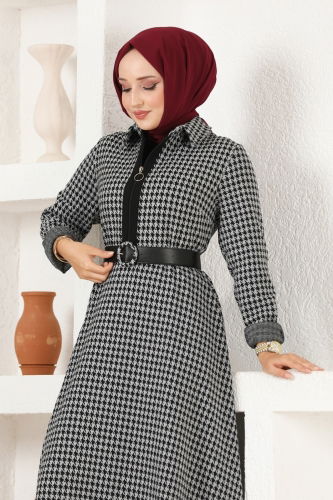 moda selvim Dress PL9037 Crowbar Grey&Black - Thumbnail