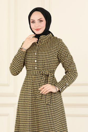 moda selvim Dress PL9050 Mustard&Black - Thumbnail