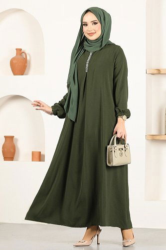 moda selvim الفستان اخضر عفني PL9054 - Thumbnail