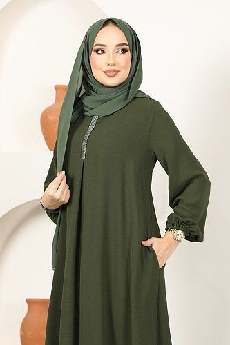 moda selvim الفستان اخضر عفني PL9054 - Thumbnail