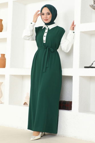 moda selvim Dress PL9058 Emerald&Ecru - Thumbnail